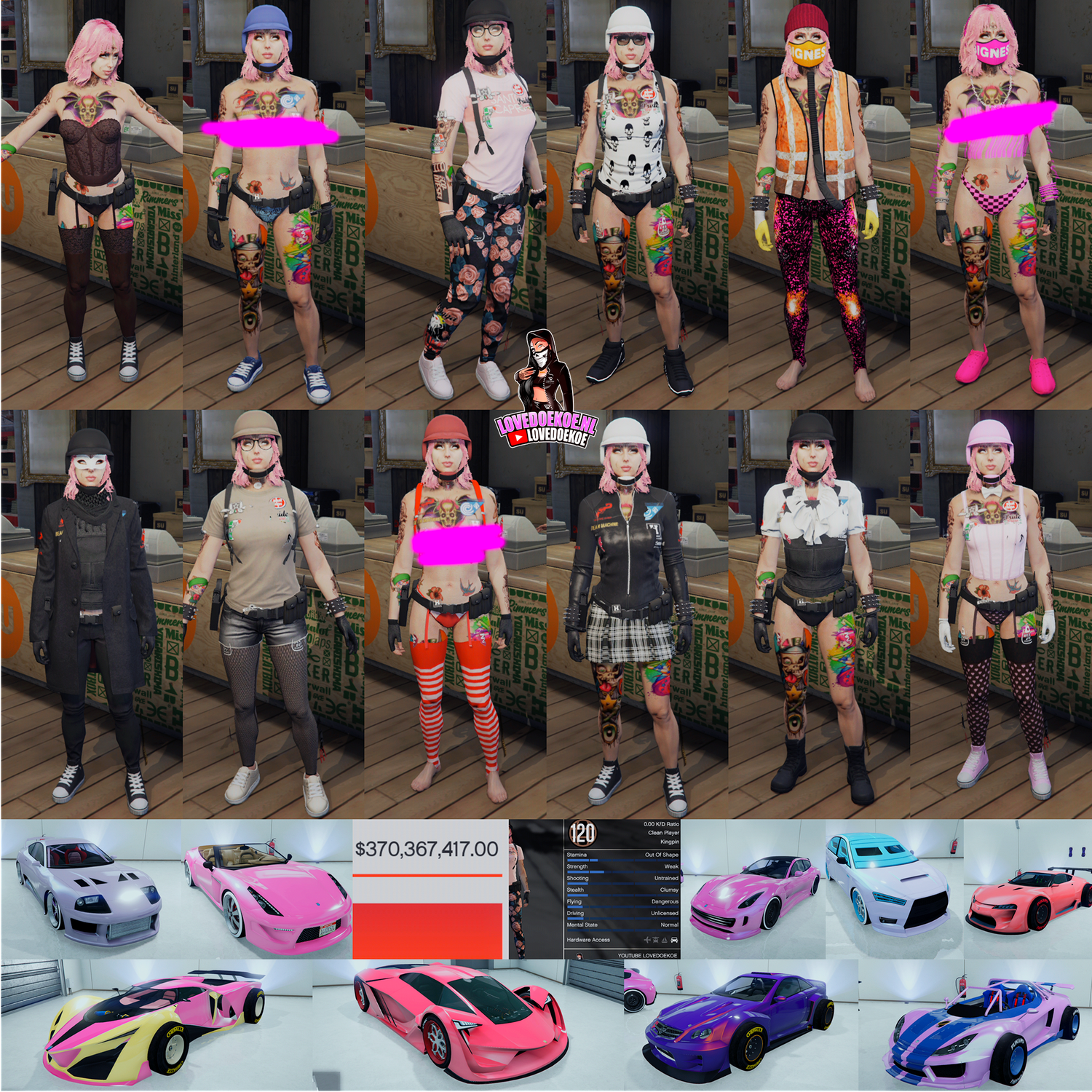 HANDMADE CUTE FEMALE ACCOUNT: LEVEL 120, 370 MILLION PURE CASH, MODDED OUTFITS, PRETTY FACE, 10 MODDED CARS