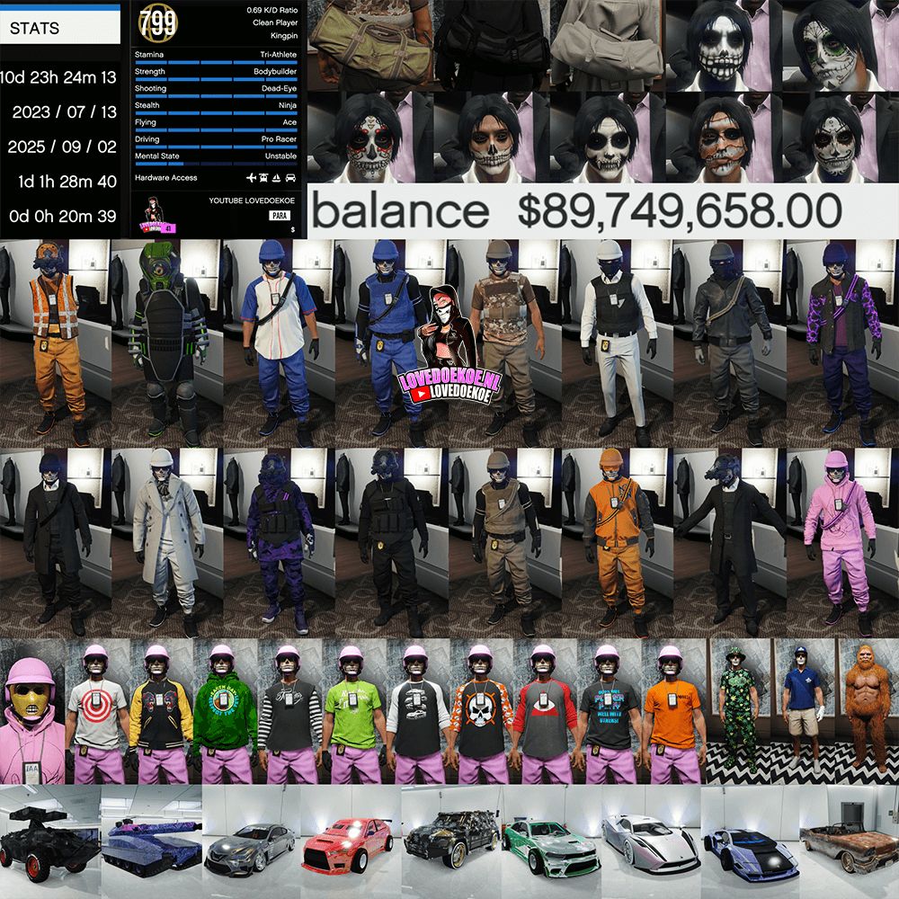 🎮 Male FAST RUN Account | Lvl 799 | 89M Cash | Modded Cars | OG Duffelbag + Rare Unlocks &amp; Properties 🏠