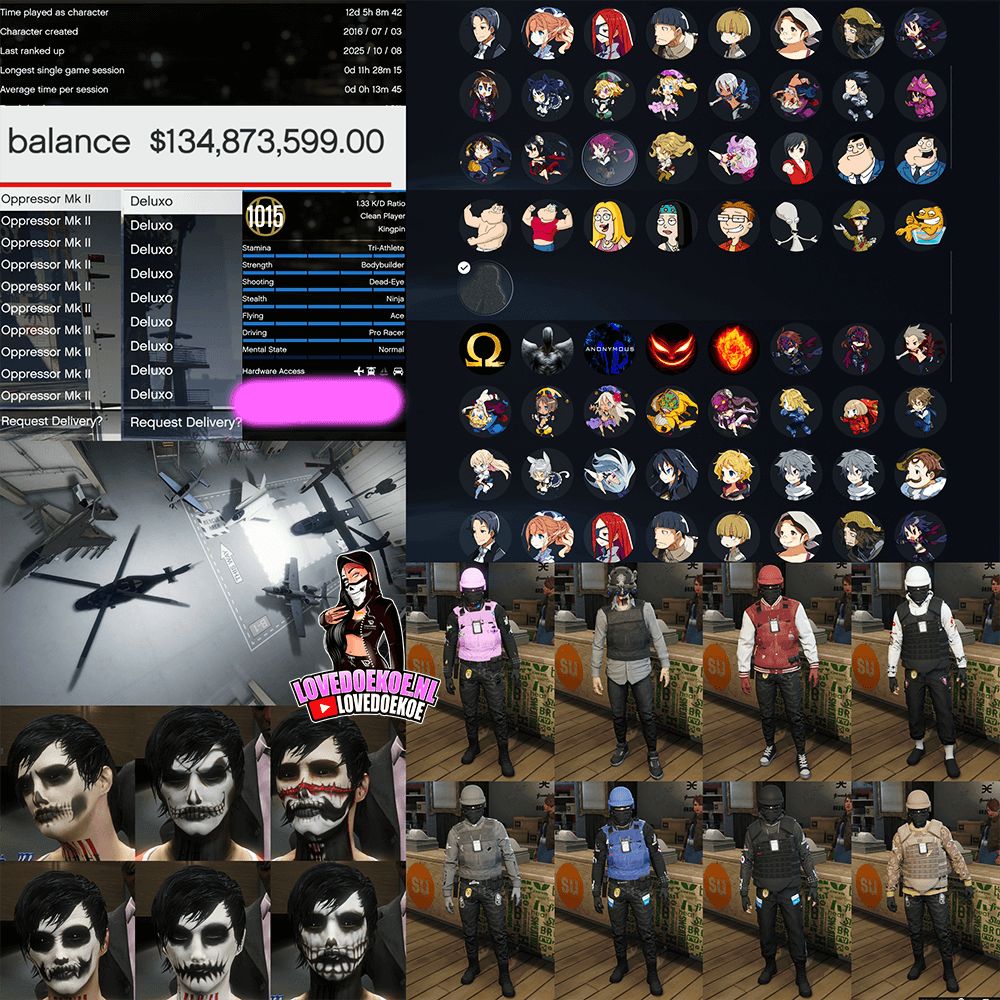 Male 2016 Account 💎 | Level 1015 | Max Stats | $137M Cash | Modded Outfits, Special Unlocks, Oppressor MK2s, Properties, Facepaints, Special Avatars &amp; More 🚀