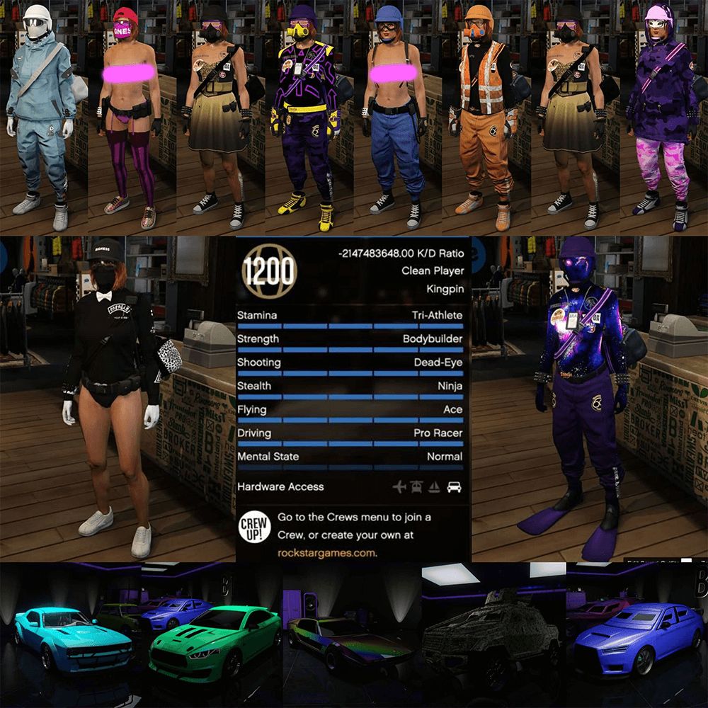 Female starter account: Level 1200, Fastrun, 27 Mill, Rare Modded Outfits, 10 Modded Cars, Modded K/D, Max Stats, Pretty face creation