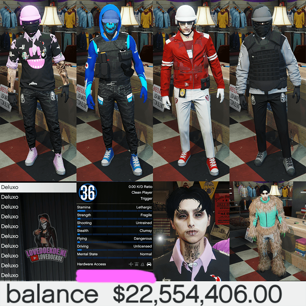 💎Handmade Male Starter Account | Level 36 | 100 Mill Cash &amp; Deluxos | Modded Outfits + Rare Accessories | Tryhard face creation | Instant Download &amp; Delivery 💎