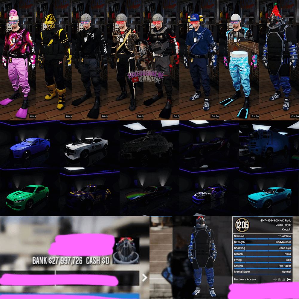 Male starter account: Level 1205, Fastrun, 27 Mill, Rare Modded Outfits, 10 Modded Cars, Modded K/D, Max Stats, Tryhard face creation
