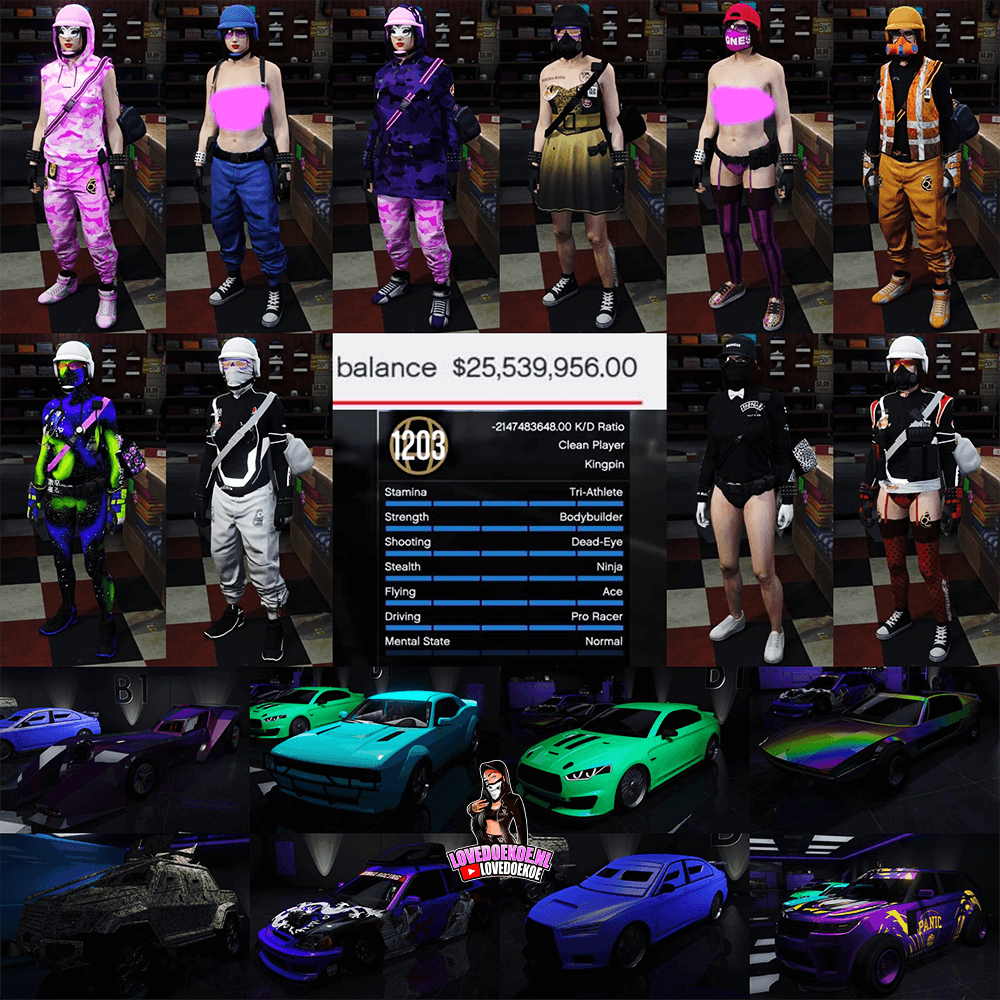 Female Account: Level 1203, Fastrun, 25 Mill, Modded Outfits, Modded Cars, Modded K/D, Max Stats, Pretty face creation, All Achievements Unlocked