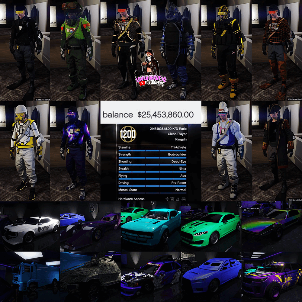 Male Account: Level 1200, Fastrun, 25 Mill, Modded Outfits, Modded Cars, Modded K/D, Max Stats, Pretty face creation, All Achievements Unlocked