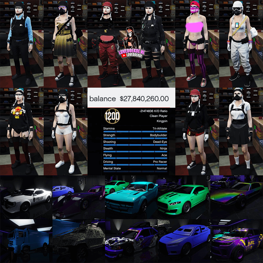 Female Account: Level 1200, Fastrun, 27 Mill, Modded Outfits, Modded Cars, Modded K/D, Max Stats, Pretty face creation, All Achievements Unlocked