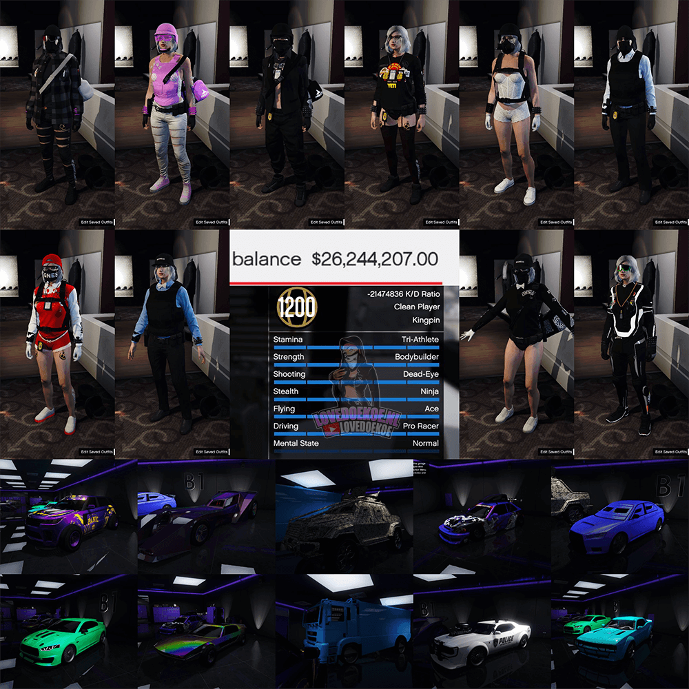 Female Account: Level 1200, Fastrun, 28 Mill, Modded Outfits, Modded Cars, Modded K/D, Max Stats, Pretty face creation, All Achievements Unlocked