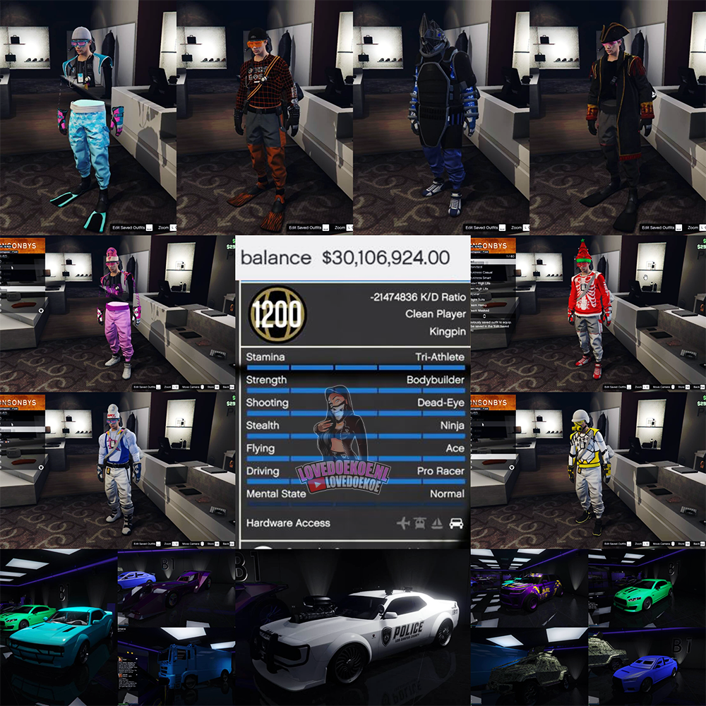 Male Account: Level 1200, Fastrun, 30 Mill, Modded Outfits, Modded Cars, Modded K/D, Max Stats, Pretty face creation, All Achievements Unlocked