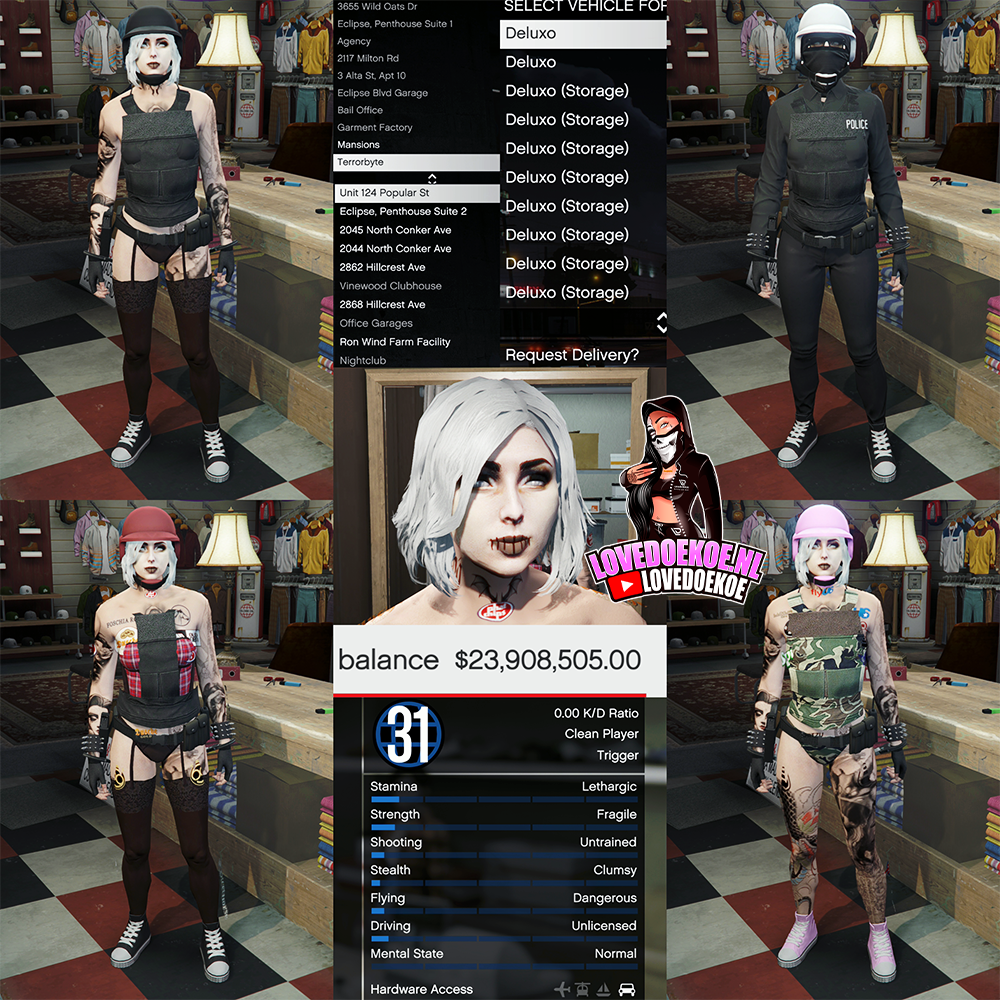 🛠️ Handmade Starter Account | 📊 Level 31 | 💵 100M Cash &amp; Cars | 🏡 Multiple Properties (Mansion, Nightclub, High-End Apartments) | 💗 Aesthetic Character | 👕 Modded Outfits | 🔫 Clean K/D |