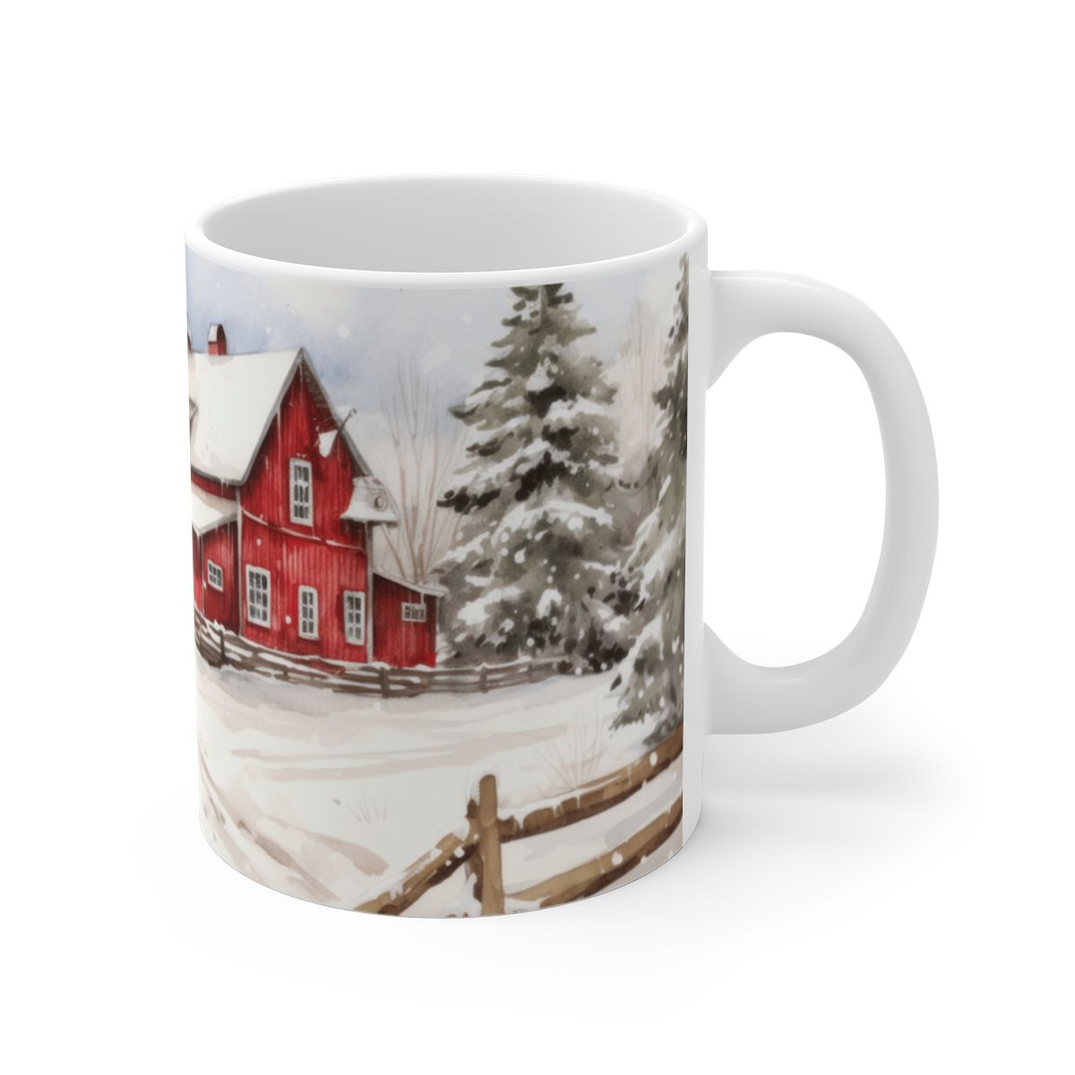 11oz Christmas Farmhouse Mug with a winter snow farmhouse design. Durable ceramic holiday coffee cup. Features a comfortable C-handle and is microwave and dishwasher safe. Ideal festive drinkware and seasonal gift for coffee lovers.