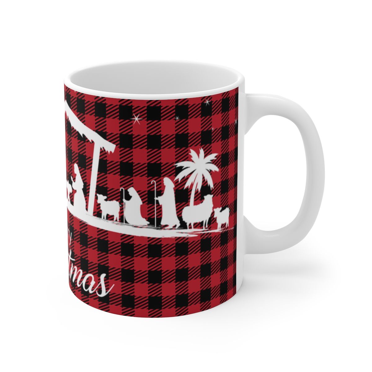 A white ceramic 11oz mug featuring a wraparound graphic of a Christmas nativity scene against a red and black plaid background, perfect for print-on-demand (POD) holiday &amp; seasonal POD decor and gifts, adding a festive and religious touch to the holiday season.