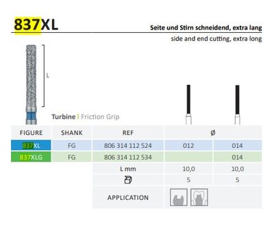 837XL - EXTRA LONG CYLINDRICAL SIDE &amp; END CUTTING ,FLAT END DIAMOND BURS 5pcs - JOTA