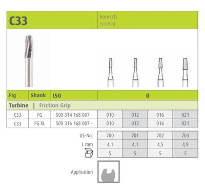 C33 FGXL - CONICAL SURGICAL CARBIDE BURS 5pcs - JOTA