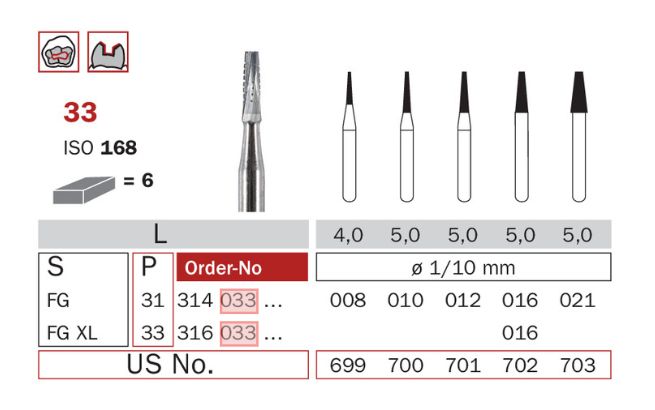 033 FGXL.016 - CONICAL SURGICAL CARBIDE BURS 6pcs - DIA SWIZZ