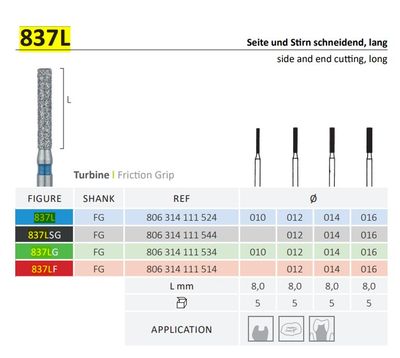 837L - LONG CYLINDRICAL SIDE &amp; END CUTTING ,FLAT END DIAMOND BURS