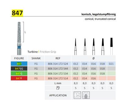 847 - CONICAL FLAT END DIAMOND BURS