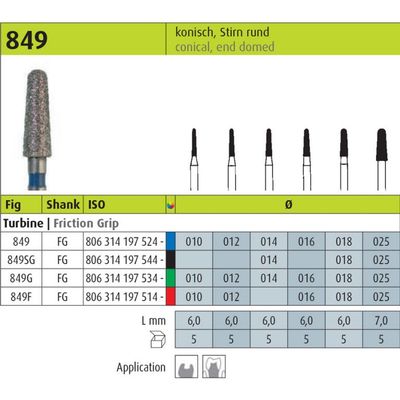 849 - CONICAL DOOMED END DIAMOND BURS 5pcs - JOTA
