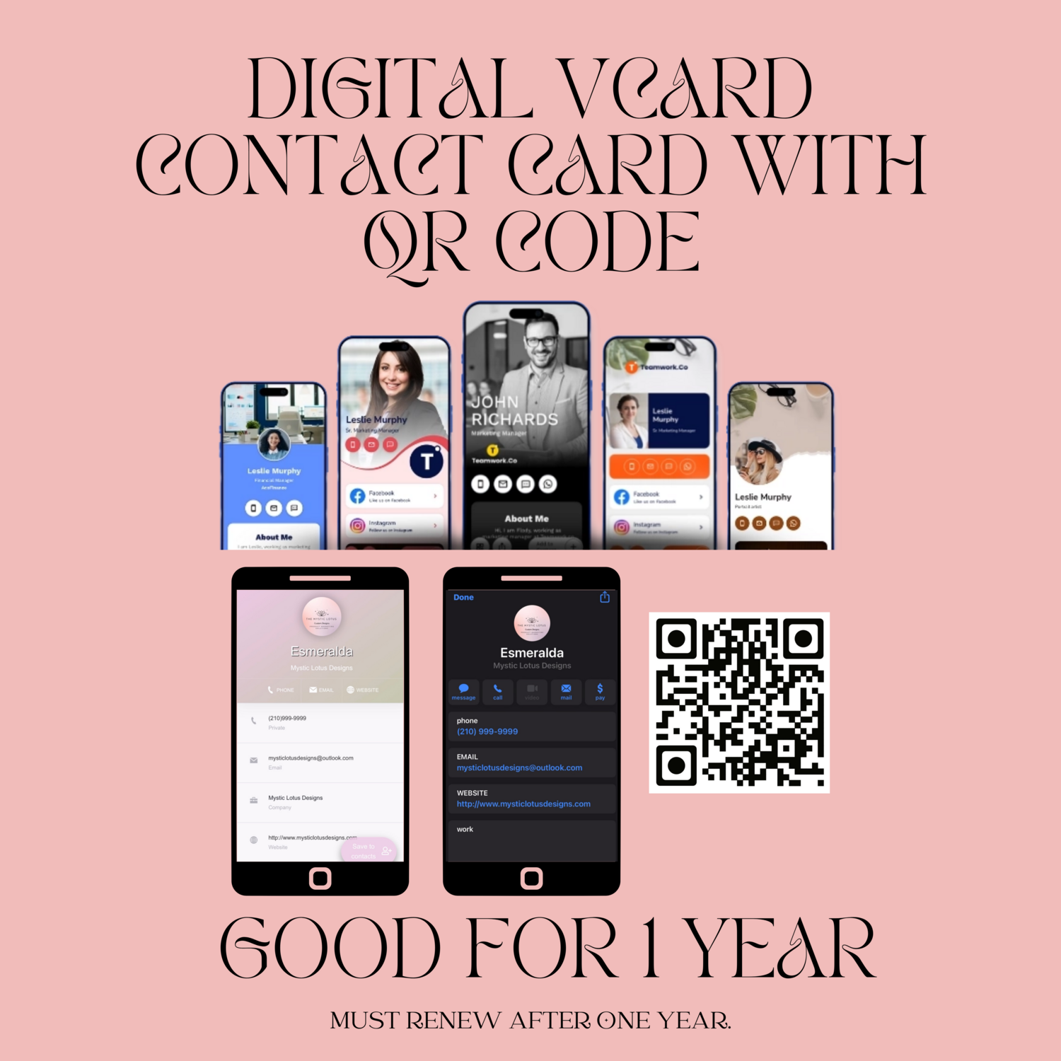 Custom Digital Vcard, Contact Card with QR Code for Business-Good for 1 Year