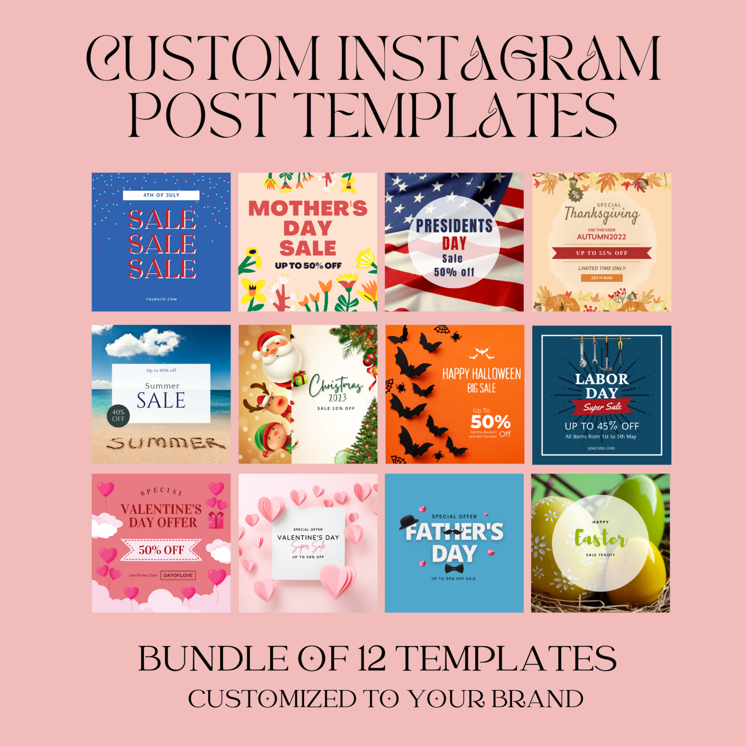 Bundle of 20 Custom Instagram Post Templates, Custom Social media posts, Custom Instagram marketing templates, Custom marketing template