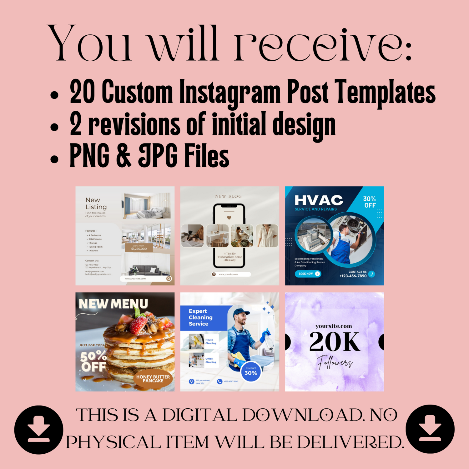 Bundle of 20 Custom Instagram Post Templates, Custom Social media posts, Custom Instagram marketing templates, Custom marketing template