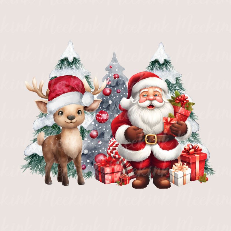 Santa &amp; Reindeer Cute UVDTF or DTF Decal