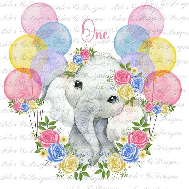 1st Birthday Blue,Pink,Yellow Roses And Balloons Elephant Digital Download