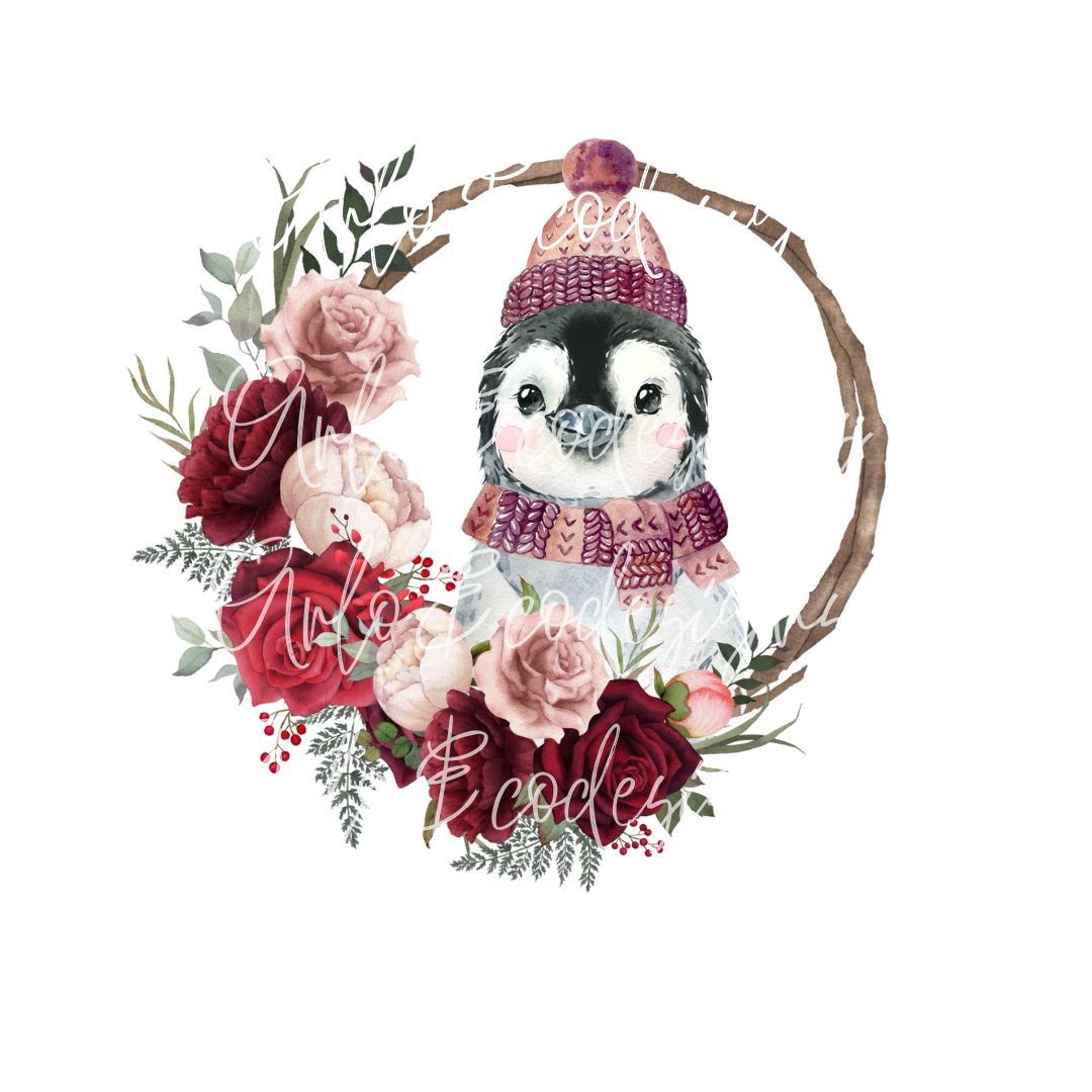 winter-snowy-penguin-burgundy-floral-digital-download