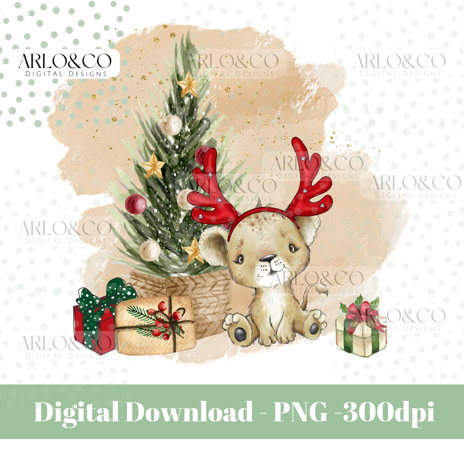 christmas-lion-cub-with-antlers-beige-background-digital-download