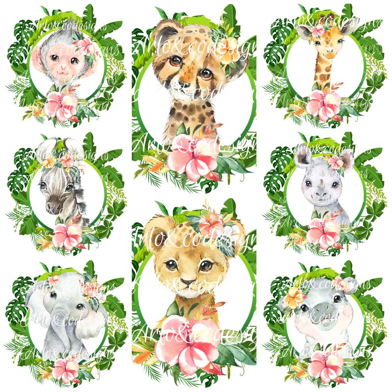 set-of-9-africa-baby-animals-floral-leaf-wreath-watercolour-digital-download
