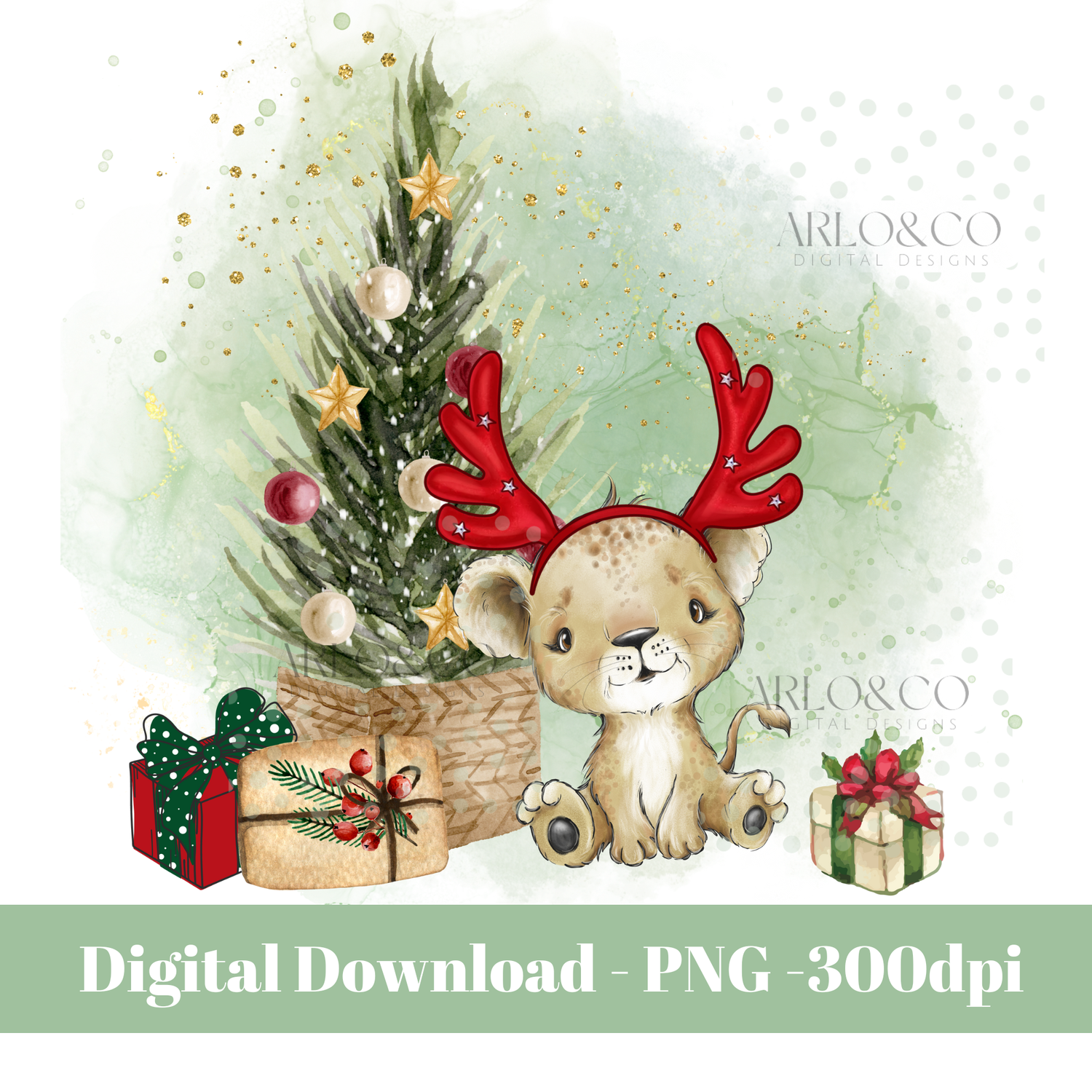 christmas-lion-cub-with-antlers-green-background-digital-download