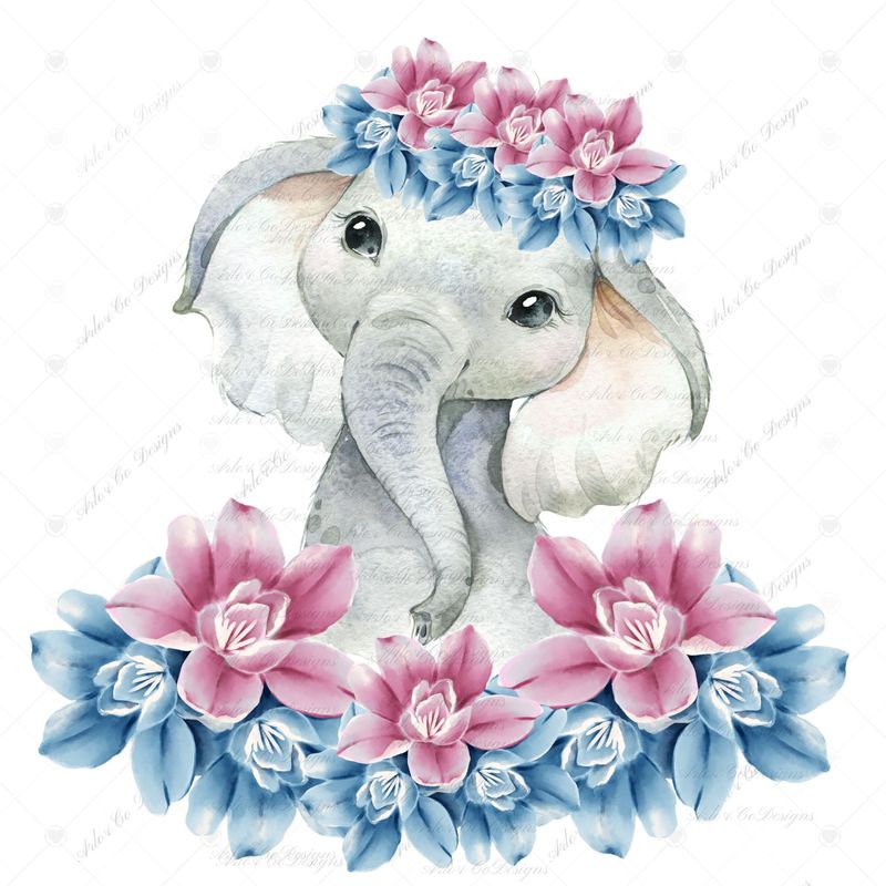 blue-and-pink-floral-baby-elephant-digital-download