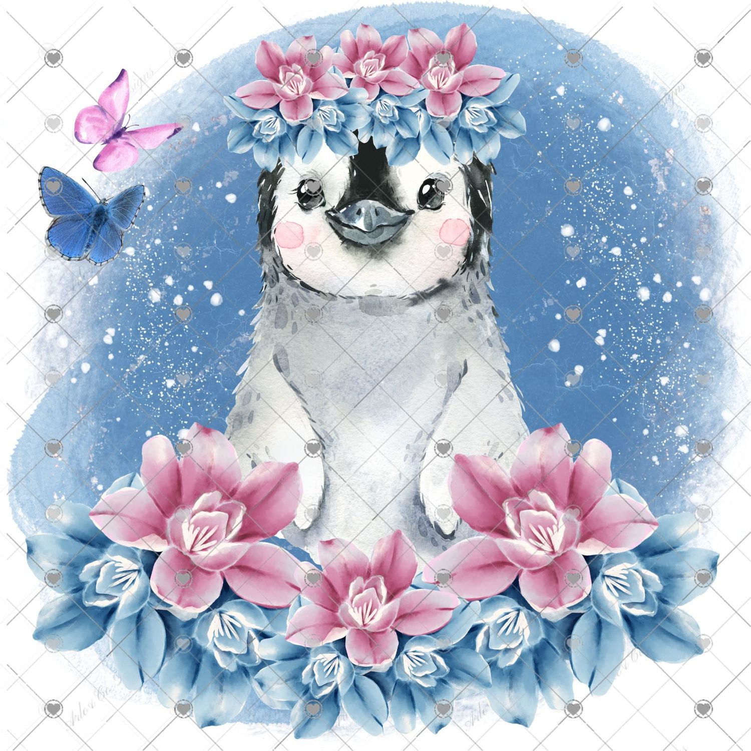blue-and-pink-floral-baby-penguin-digital-download