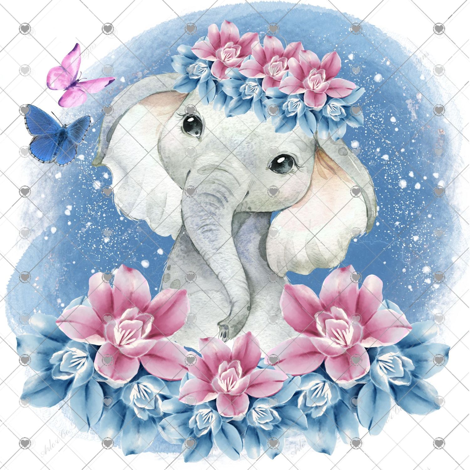 blue-and-pink-floral-butterfly-baby-elephant-digital-download