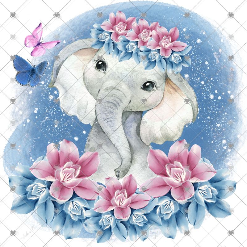 blue-and-pink-floral-butterfly-baby-elephant-digital-download