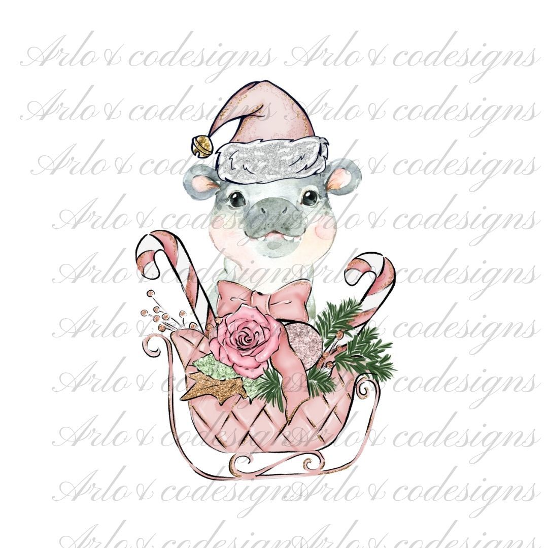 cute-christmas-hippo-in-a-sleigh