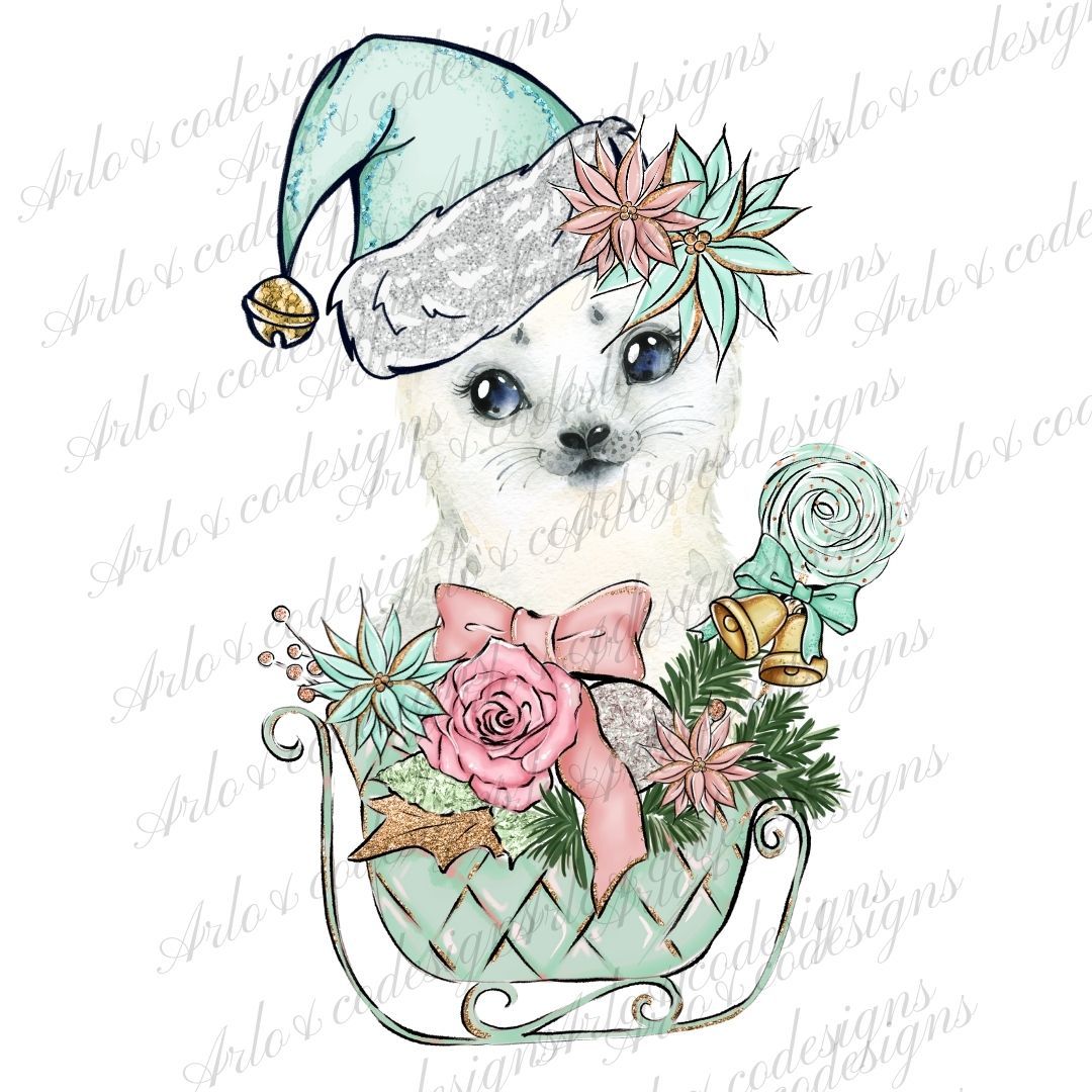 christmas-mint-floral-candy-baby-seal-digital-download