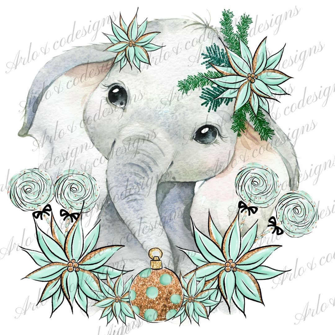 christmas-mint-floral-candy-elephant-digital-download