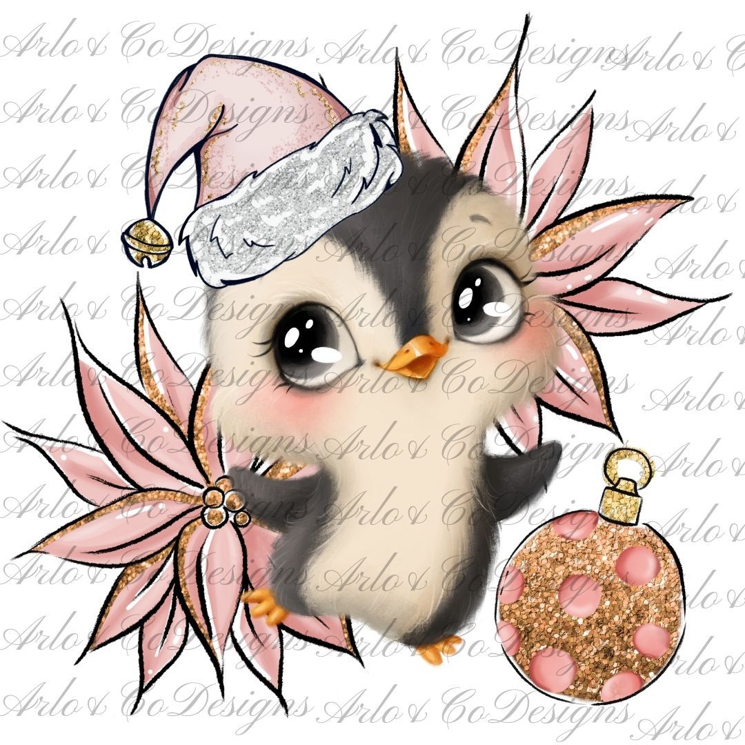 cute-pink-christmas-baby-penguin-and-bauble-digital-download