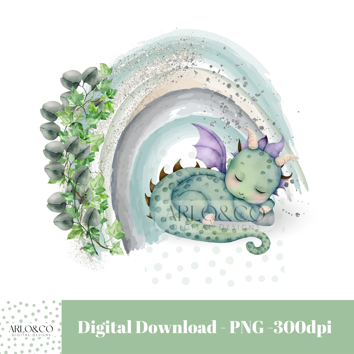 sleeping-dragon-watercolour-rainbow-digital-download