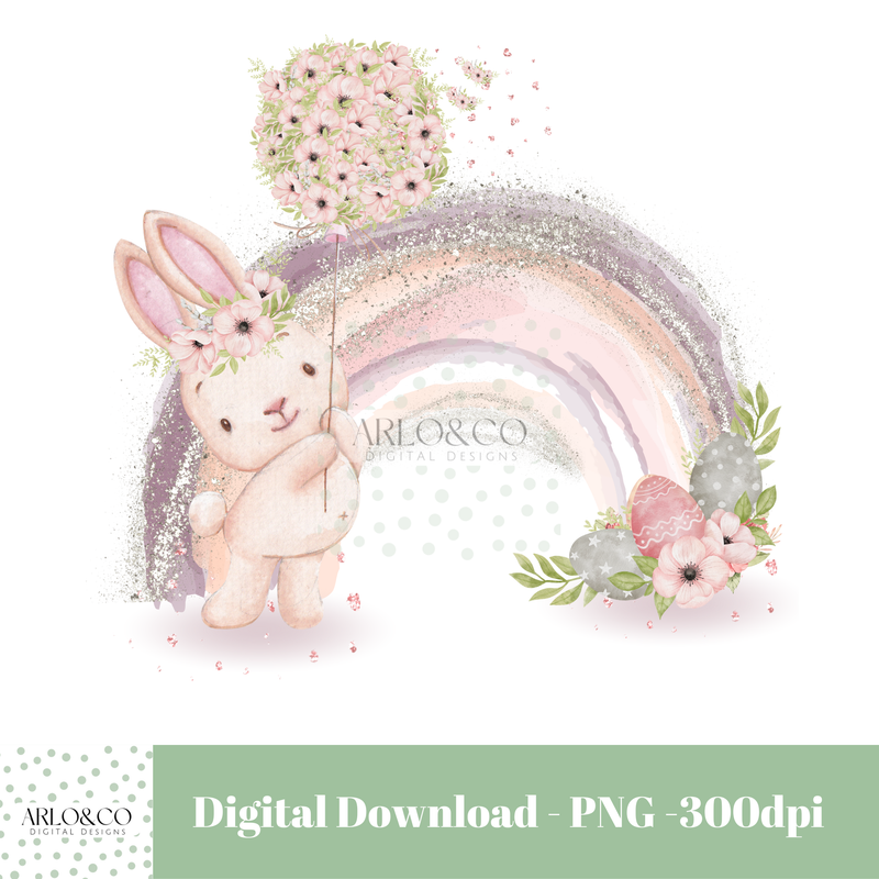 bunny-rabbit-with-pink-floral-balloon-and-rainbow-digital-download
