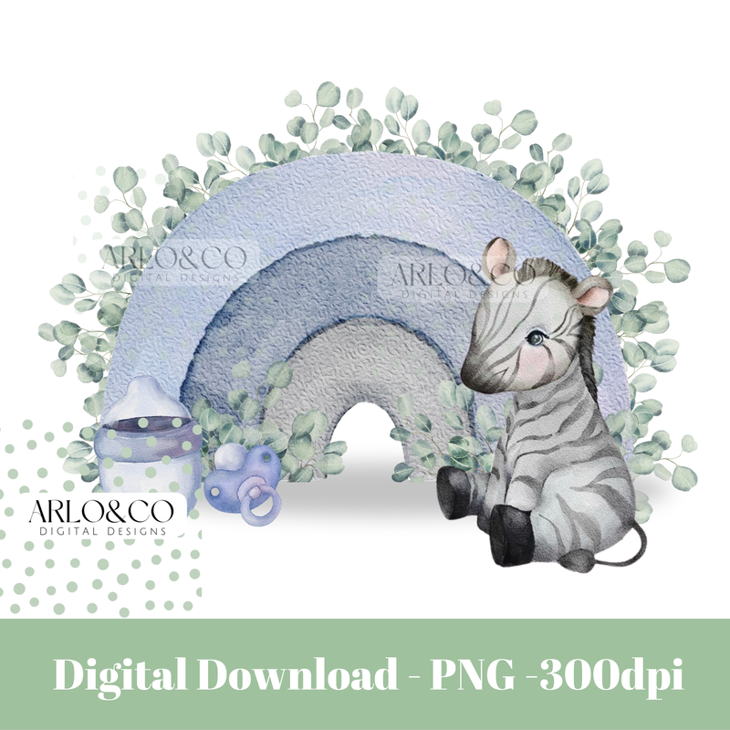 blue-eucalyptus-rainbow-zebra-with-baby-bottle-and-dummy-watercolour-digital-design