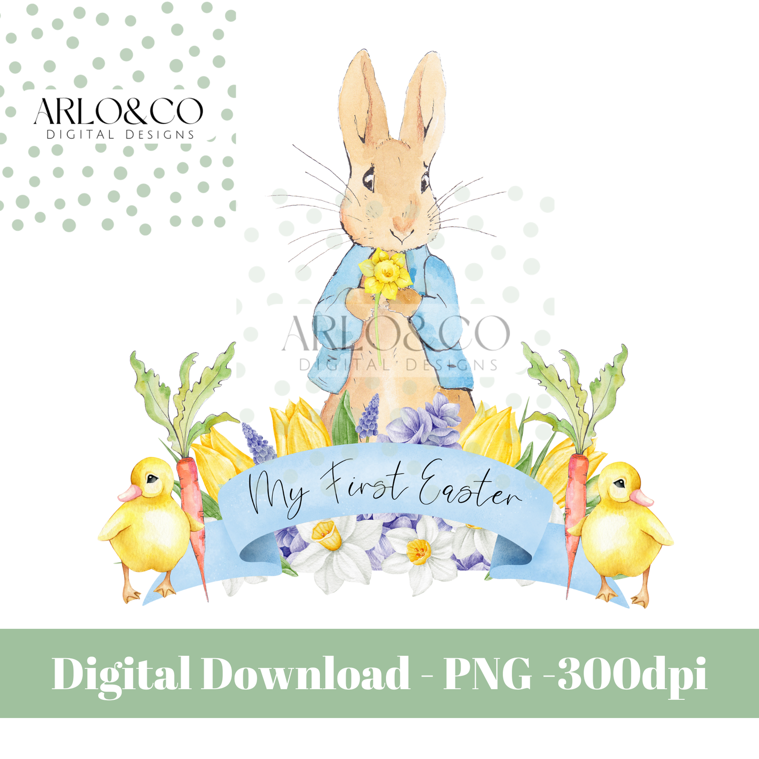 my-1st-easter-blue-rabbit-with-ducklings-and-banner-digital-design