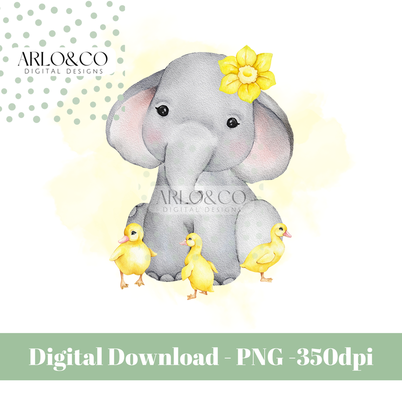spring-easter-floral-baby-elephant-and-ducklings-with-lemon-splash-background-digital-download