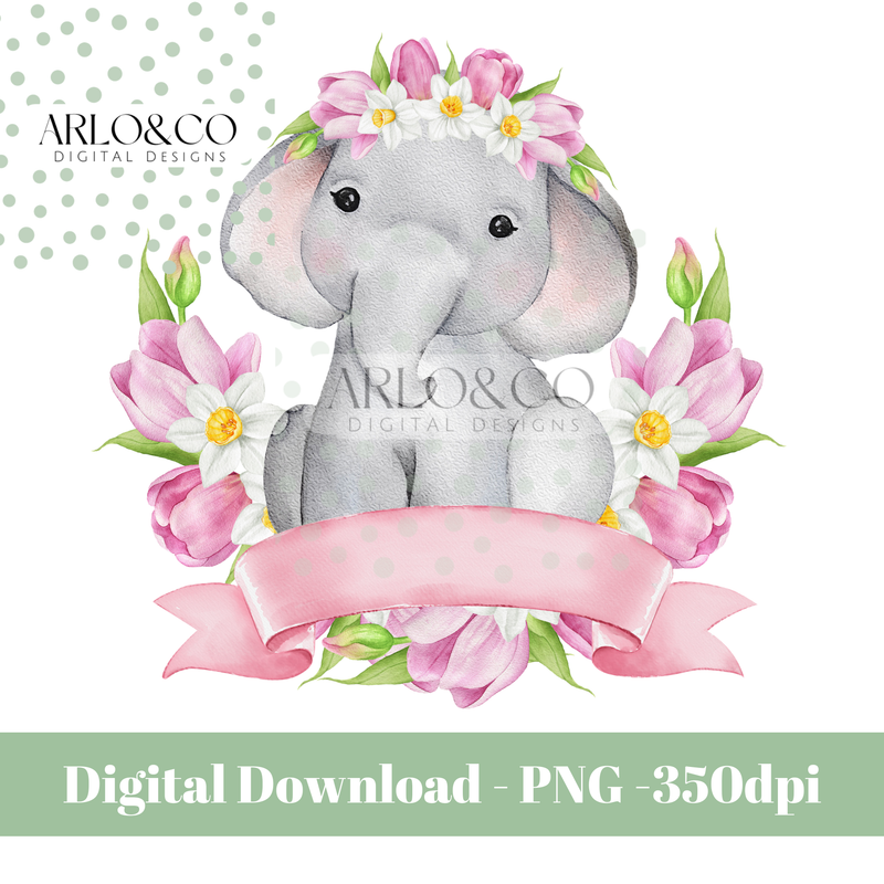 spring-pink-baby-elephant-and-pink-banner-digital-download
