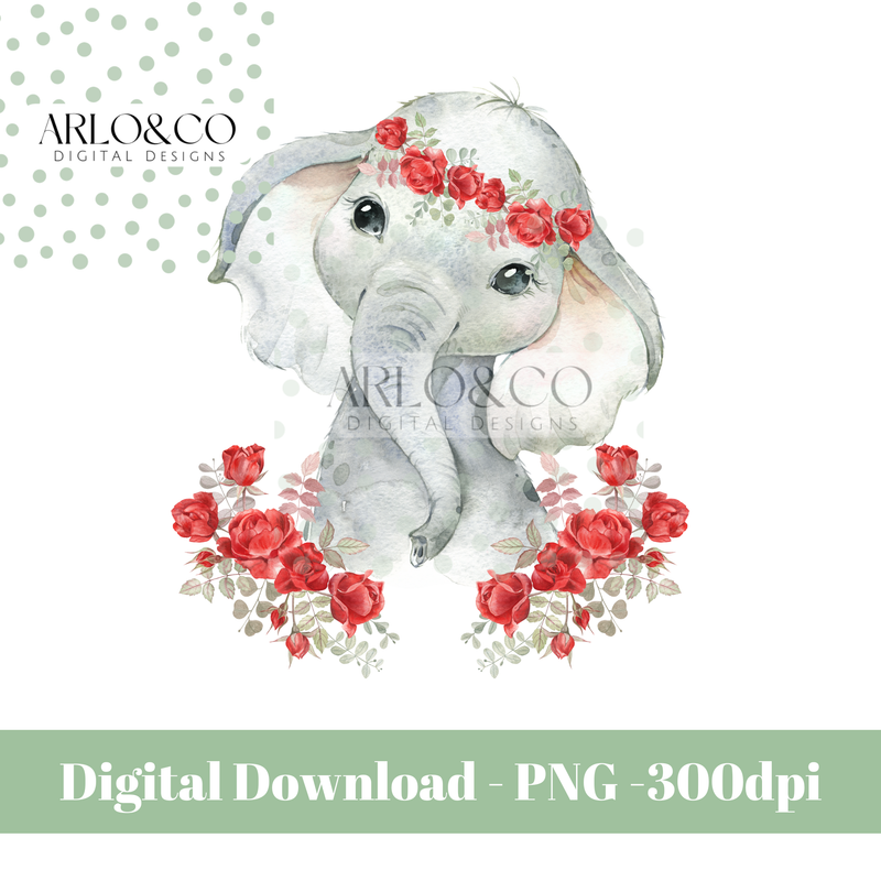 watercolour-roses-and-baby-elephant-digital-download