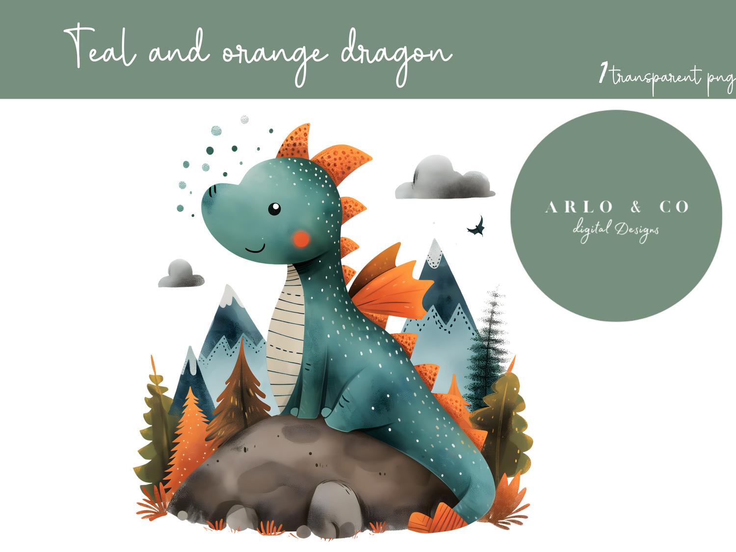 teal-and-orange-dragon-png-digital-download