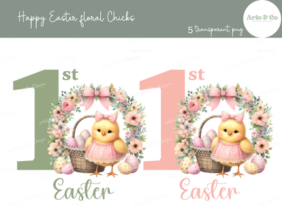 first-easter-pink-floral-chicks-clipart-set-digital-download