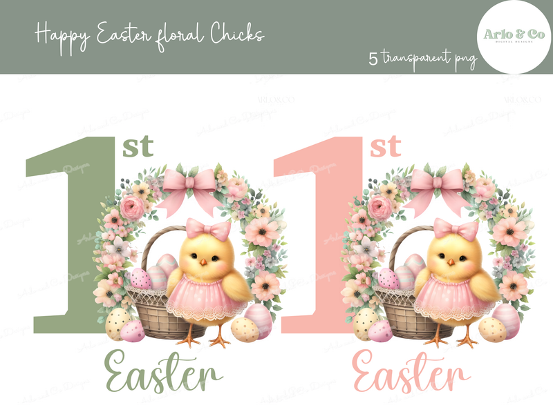 first-easter-pink-floral-chicks-clipart-set-digital-download