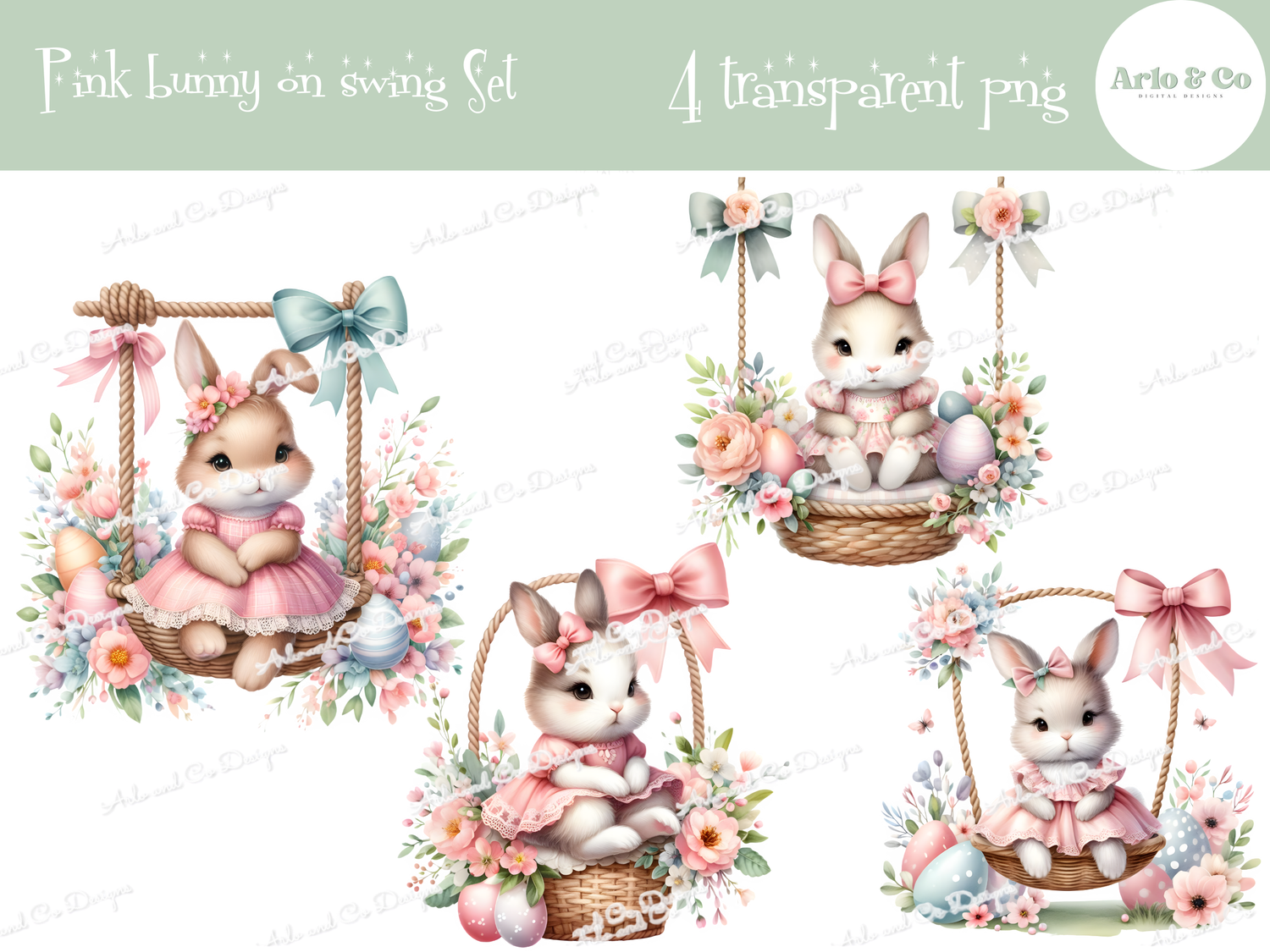 pink-baby-easter-bunny-on-flower-swings-clipart-watercolour-digital-download