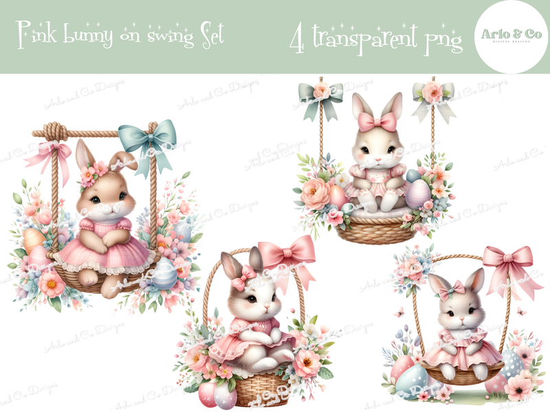 pink-baby-easter-bunny-on-flower-swings-clipart-watercolour-digital-download