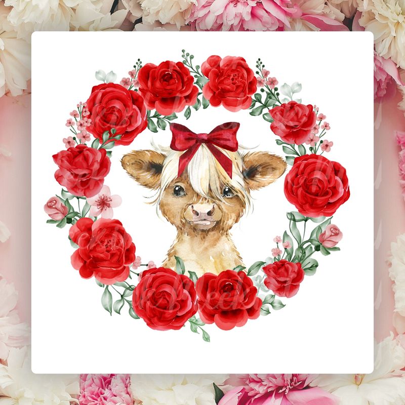 Red Roses Highland Cow Mother&#39;s Day UVDTF or DTF Decal